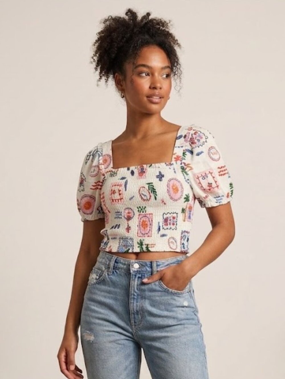 Smocked Square-Neck Crop Top in Cream Floral